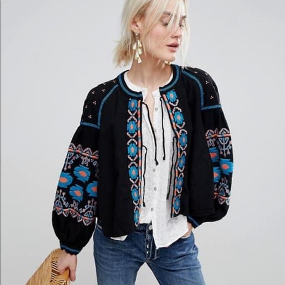 Free People Linen Embroidered Balloon Sleeve Coat